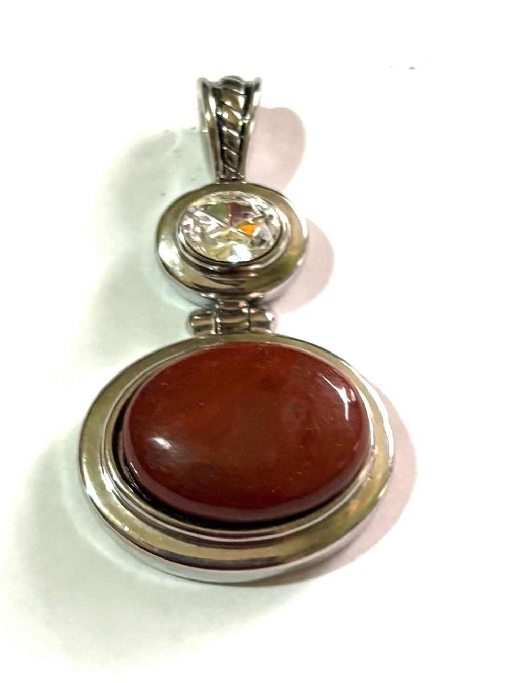 Vintage Red Jasper and Clear Crystal Sterling Pendant